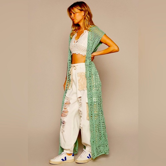 907. 🛑POL LAST 1 below cost! Maxi Cardigan Duster Green Slit Crochet Sleeveless - Picture 2 of 4
